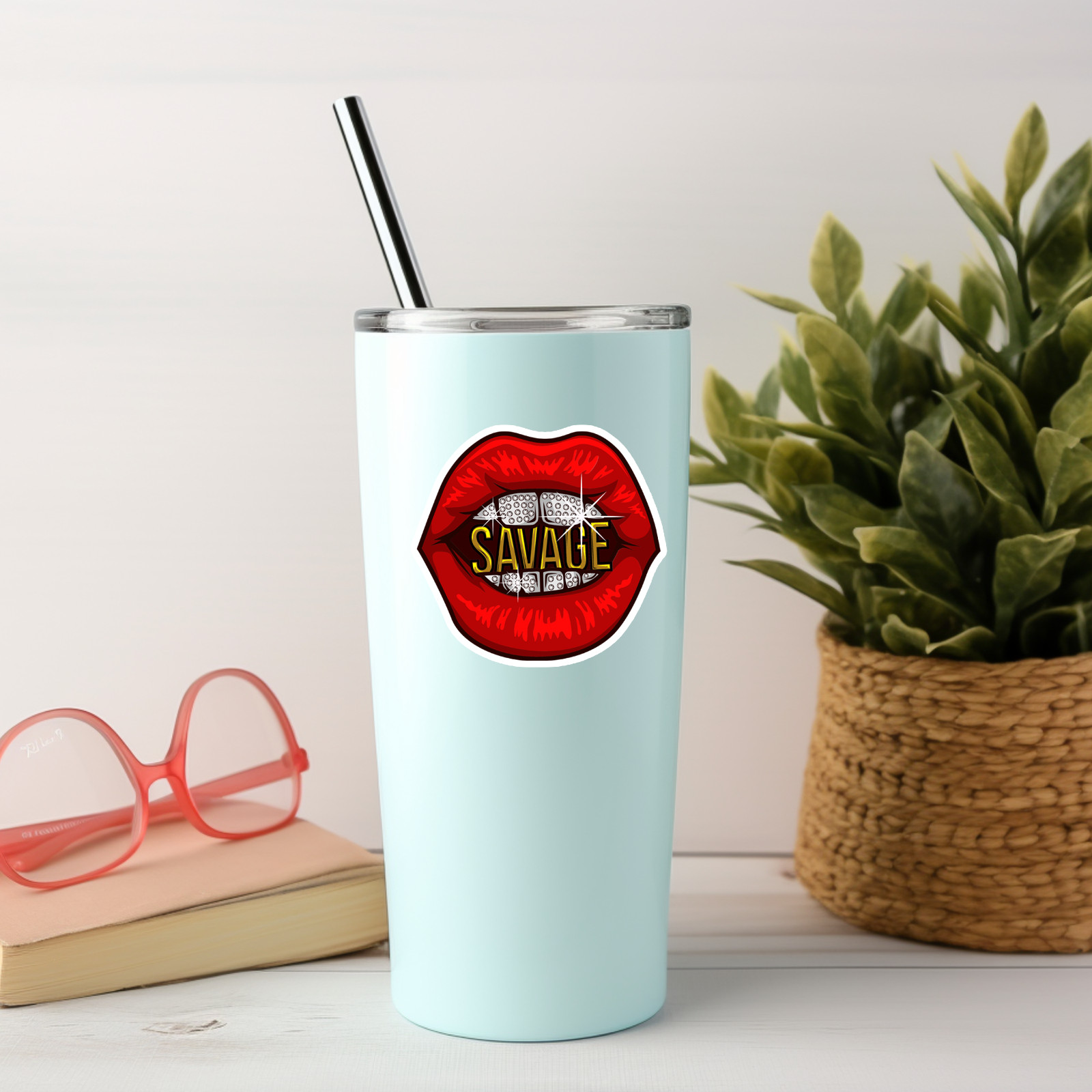 Savage Lips Vinyl Sticker | Red Mouth Bling Teeth Decal | Car Laptop Tumbler