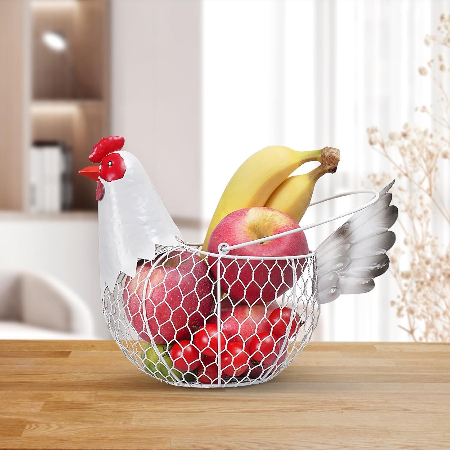 Farmhouse Rustic White Chicken Wire Metal Egg Basket with Handle,Vintage Rooster