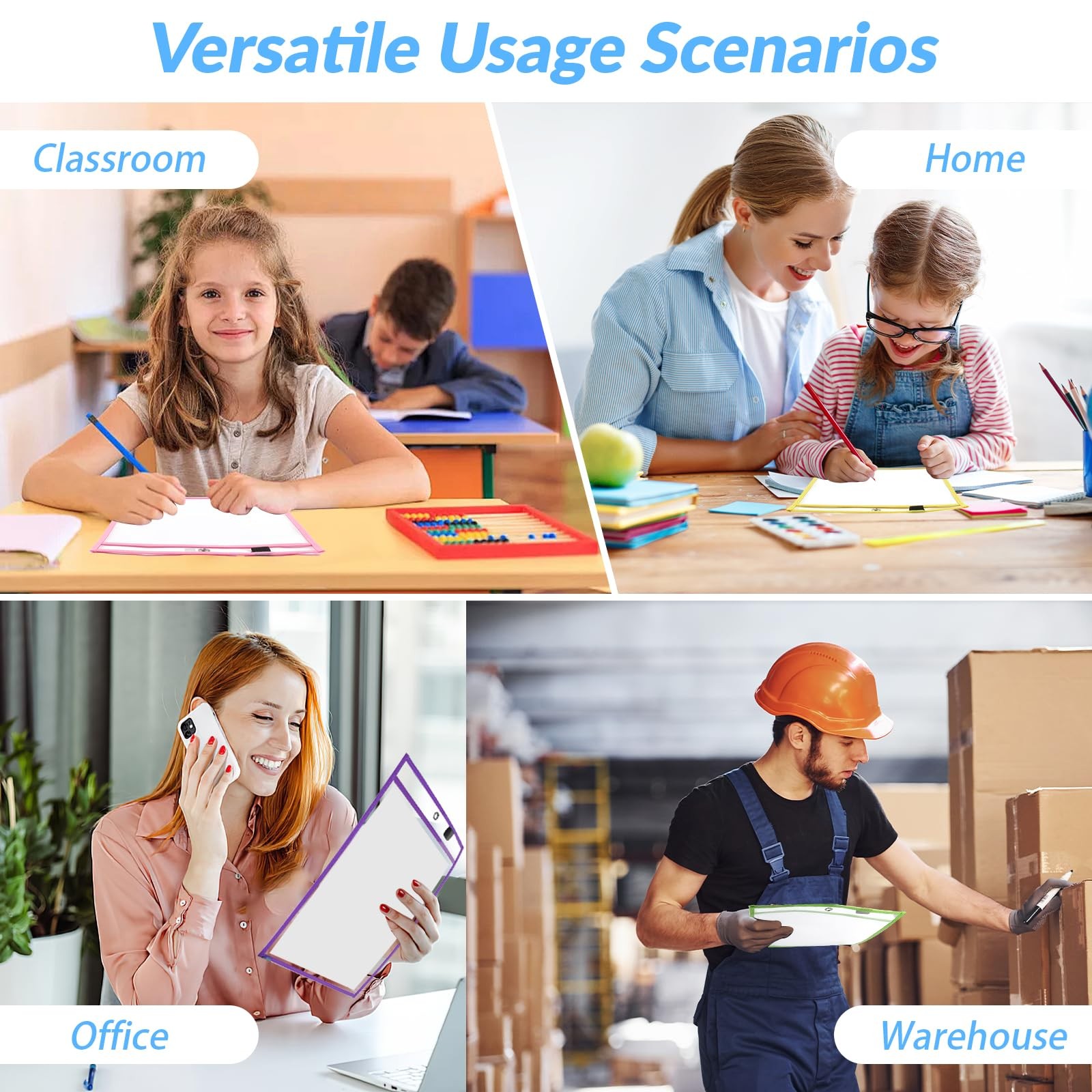 Dry Erase Pocket Sleeves mixed Colors School Classroom Organizer 8 Pcs