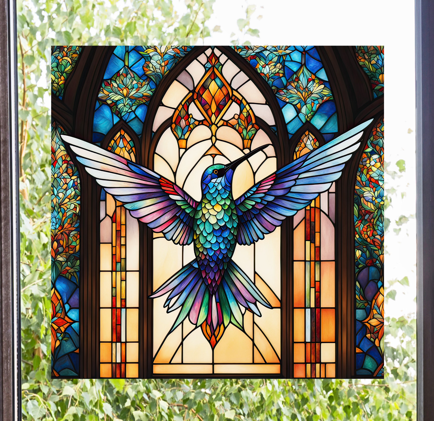 Hummingbird Faux Stained Glass WINDOW CLING Church Glass Arches ~ Size 8" Vinyl