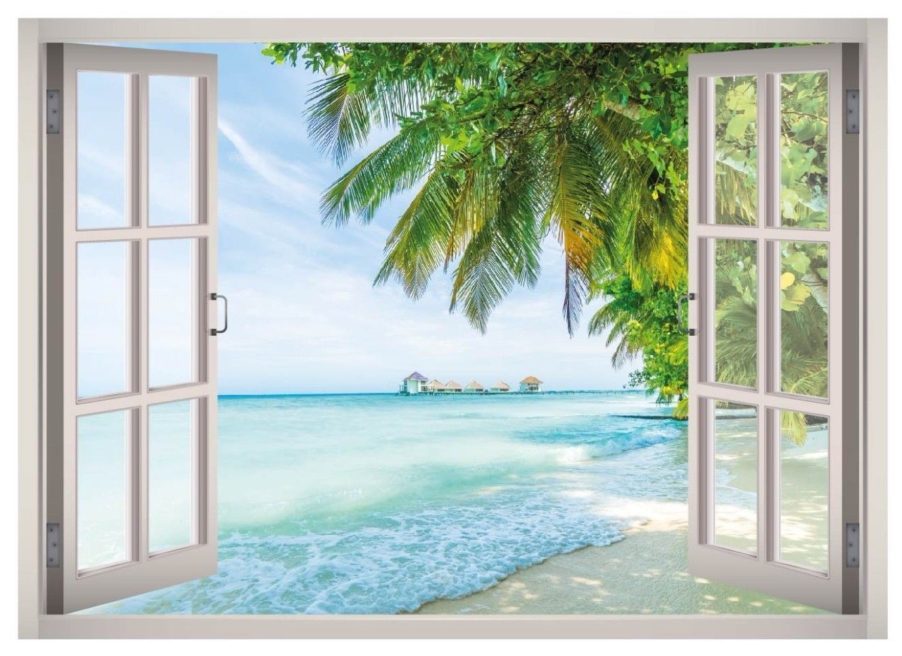Caribbean Beach Vacation Window 3D Wall Decal Art Mural Decor Canvas Vinyl W127