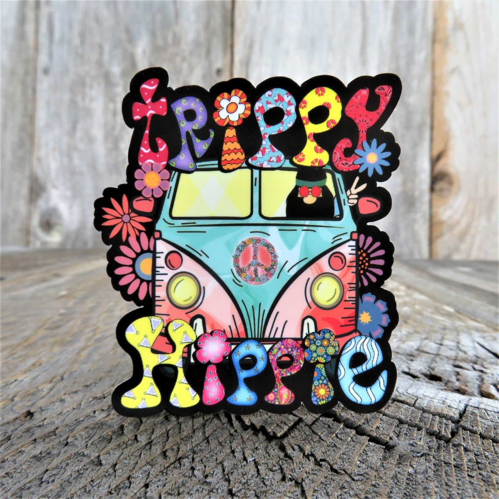 Trippy Hippie Sticker Van Peace Sign Flower Power Colored Retro Bus Car
