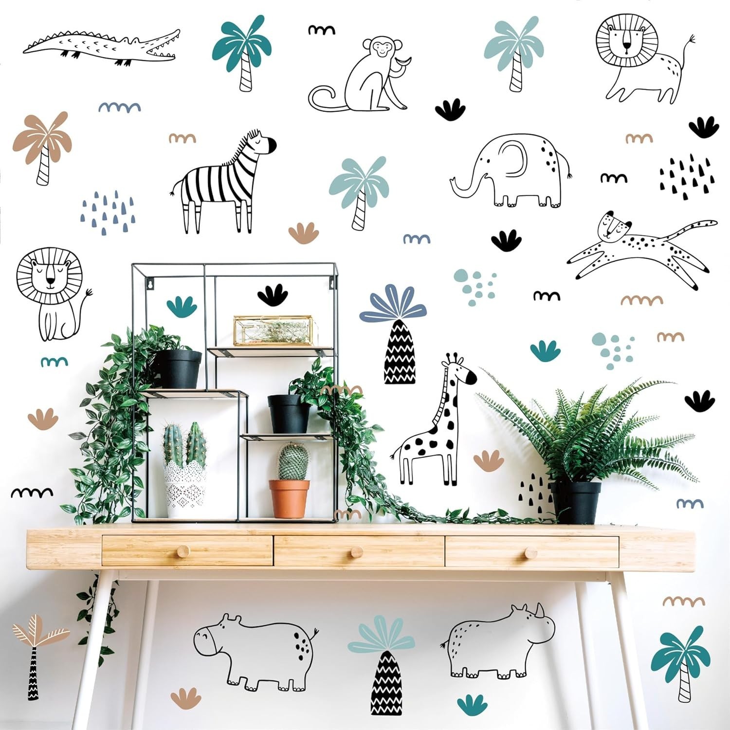 Durable Vinyl Safari Animal Wall Art – 39 Repositionable Decals for Kids' Rooms