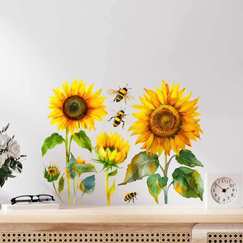 1pc Sunflower and Bee Wall Sticker, PVC Self-Adhesive Sticker