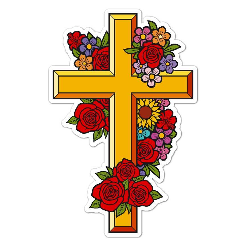Christian Cross Flowers, Vinyl Decal Sticker, Indoor Outdoor, 3 Sizes, #7797