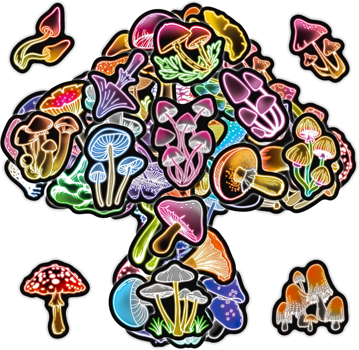 50 Pcs Glow in the Dark Neon Mushroom Water Bottle Stickers, Waterproof Vinyl Mu