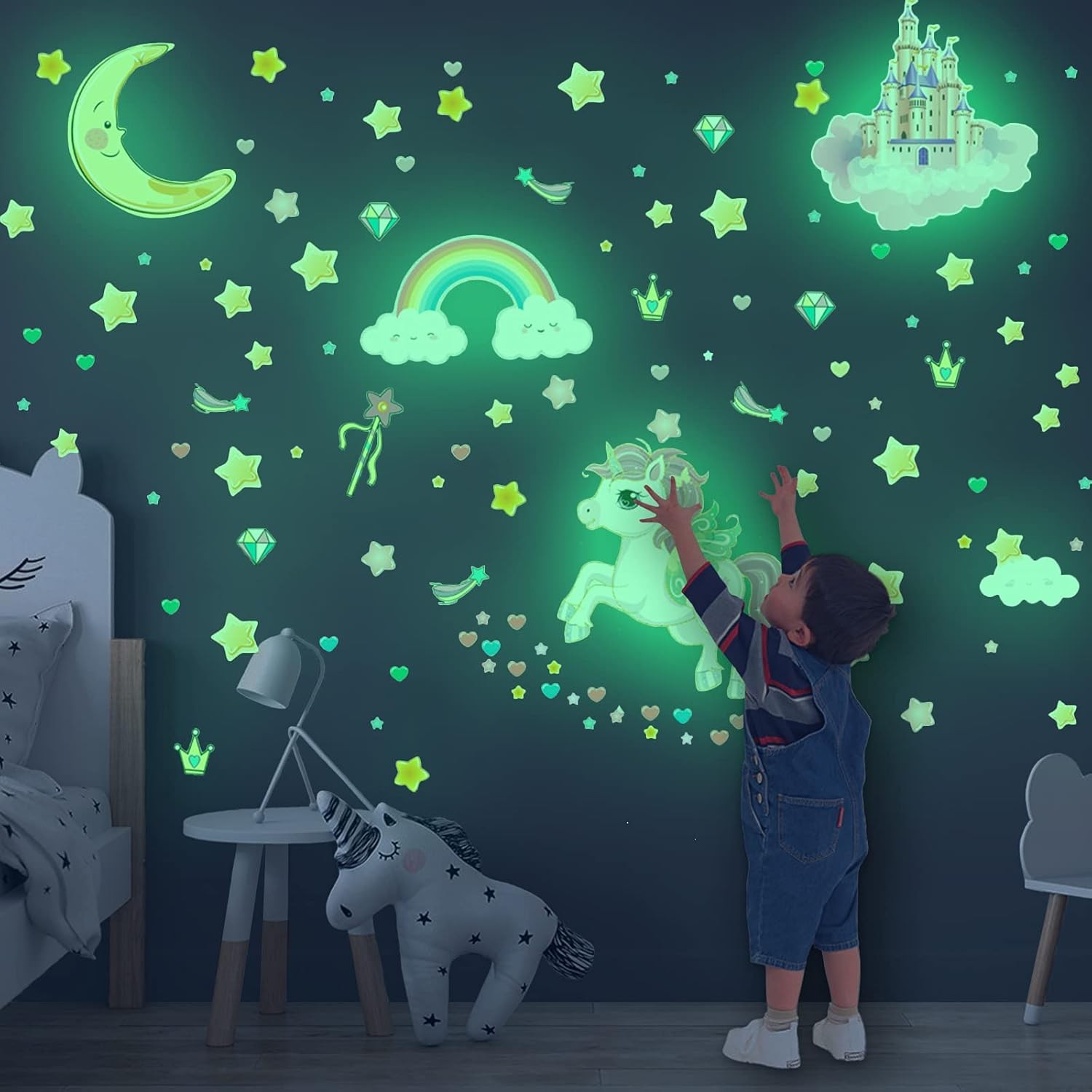 Glow in The Dark Wall Decals 174 Pcs Unicorn Stars Moon Rainbow Luminous Kids