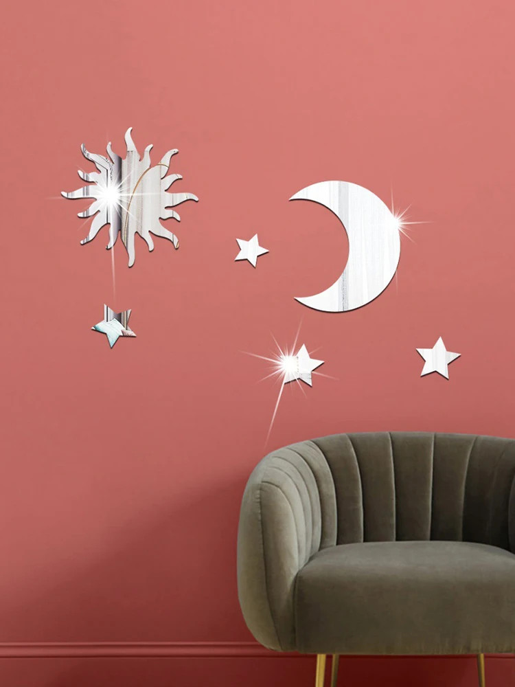 Star Moon Combination Mirror Stickers 6PCS Acrylic Stereo Self Adhesive Wall Art
