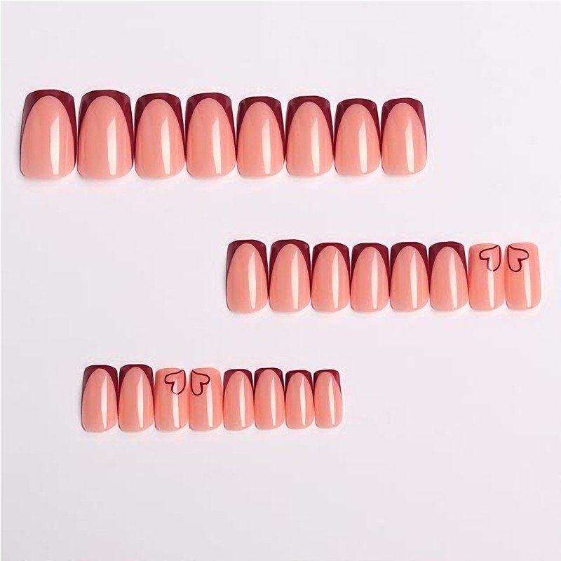 24 PCS Valentine's Day Press On Nails, French Tip Medium Square Wine Red Heart F