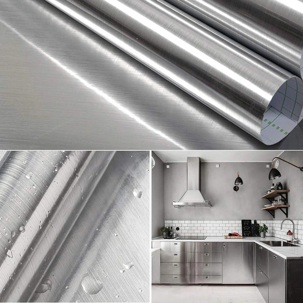 40CM Brushed Silver Wallpaper Stainless Steel Adhesive Kitchen Wall Film