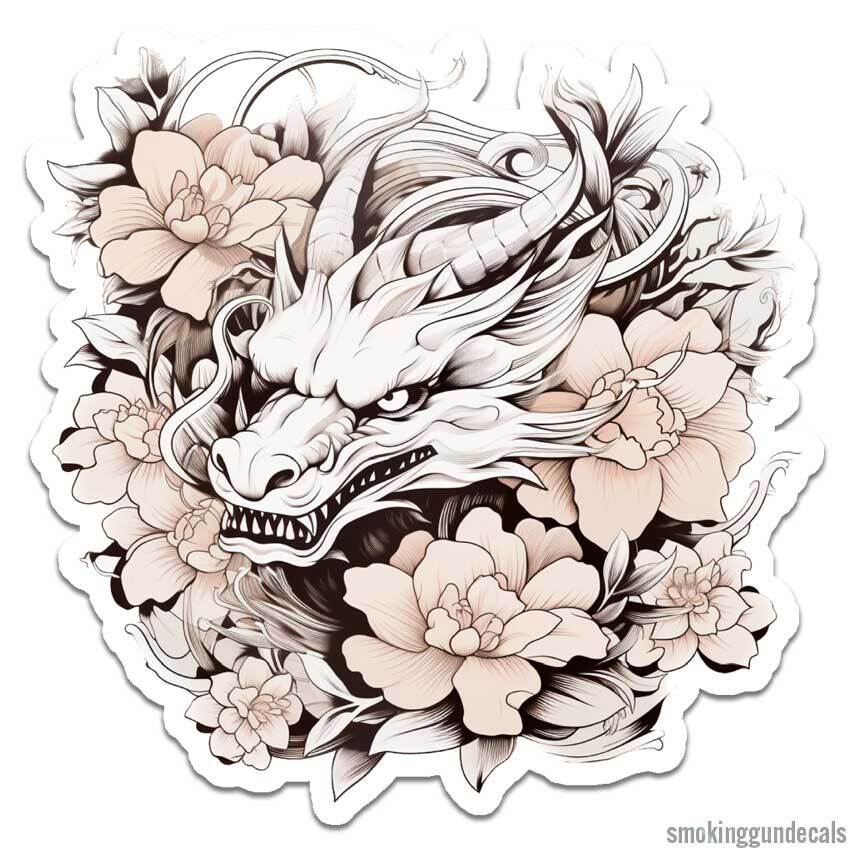 Oriental Dragon Flowers, Vinyl Decal Sticker, Indoor Outdoor, 3 Sizes, #12581