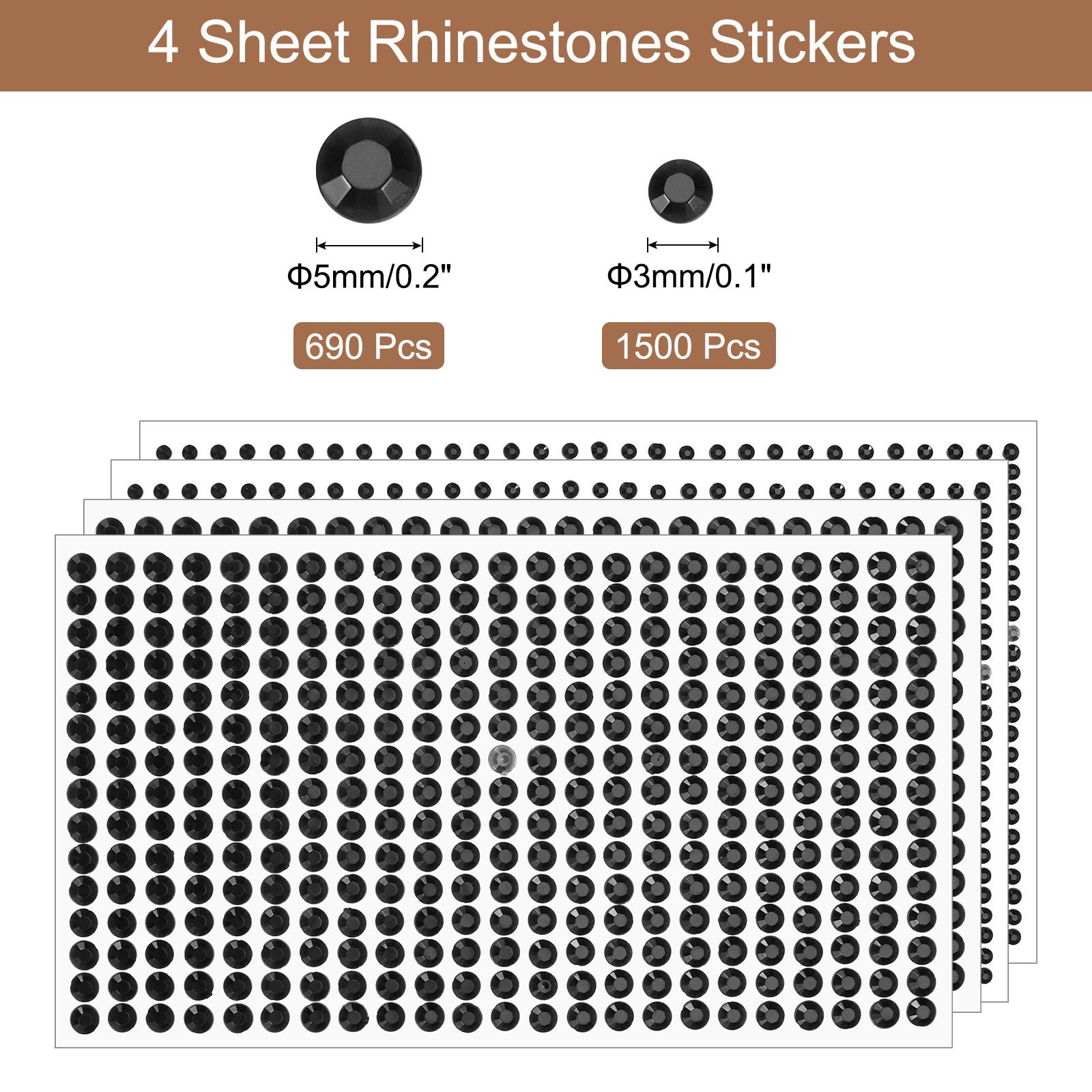 2190Pcs 3mm/5mm Self-Adhesive Rhinestone Stickers for Craft 4 Sheet Black
