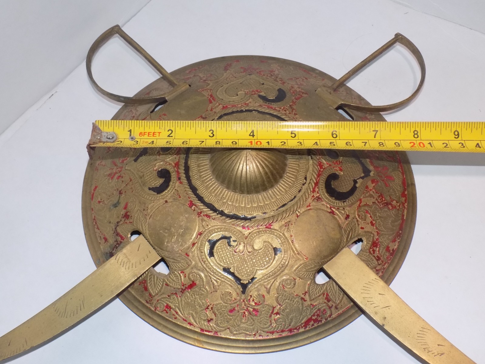 Decorative Brass Shield with Two Swords, Enamel Work Wall Hanging Showpiece Gift
