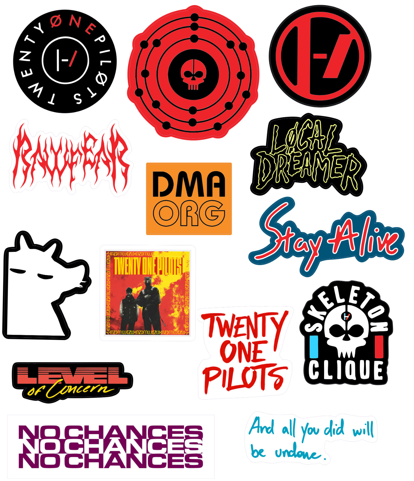Twenty One Pilots sticker sets, Water Resistant, easy peel, 2-3", 12 Sets