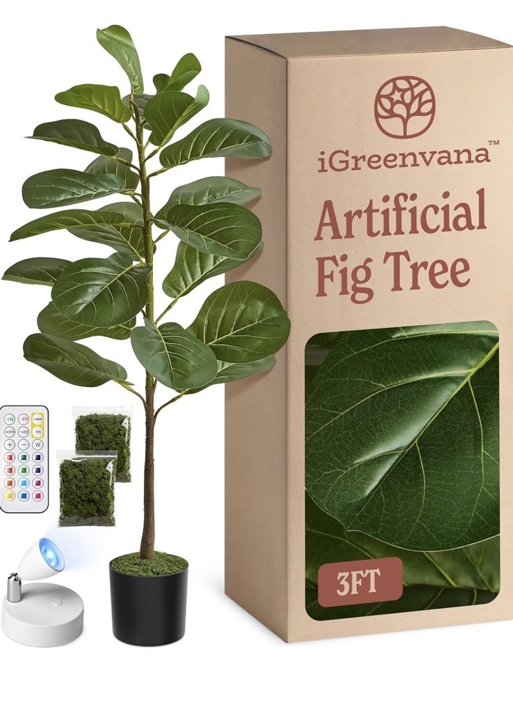 Artificial Fiddle Leaf Fig Tree 3ft (36 Inch) Tall – with Remote LED Spotlight