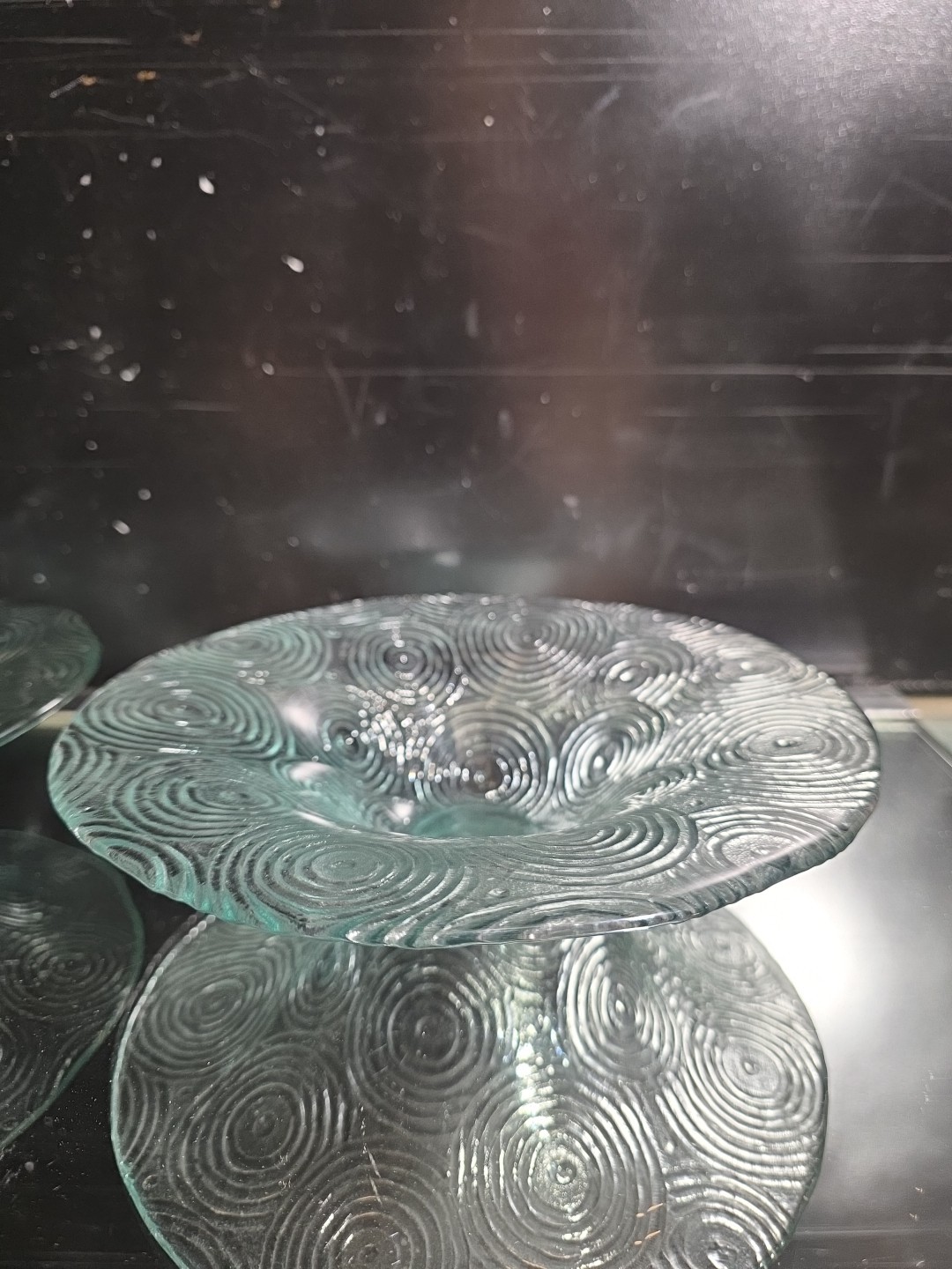 Vintage Clear Glass Pedestal Bowl Concentric Swirl Spiral Textured Art Glass 9"
