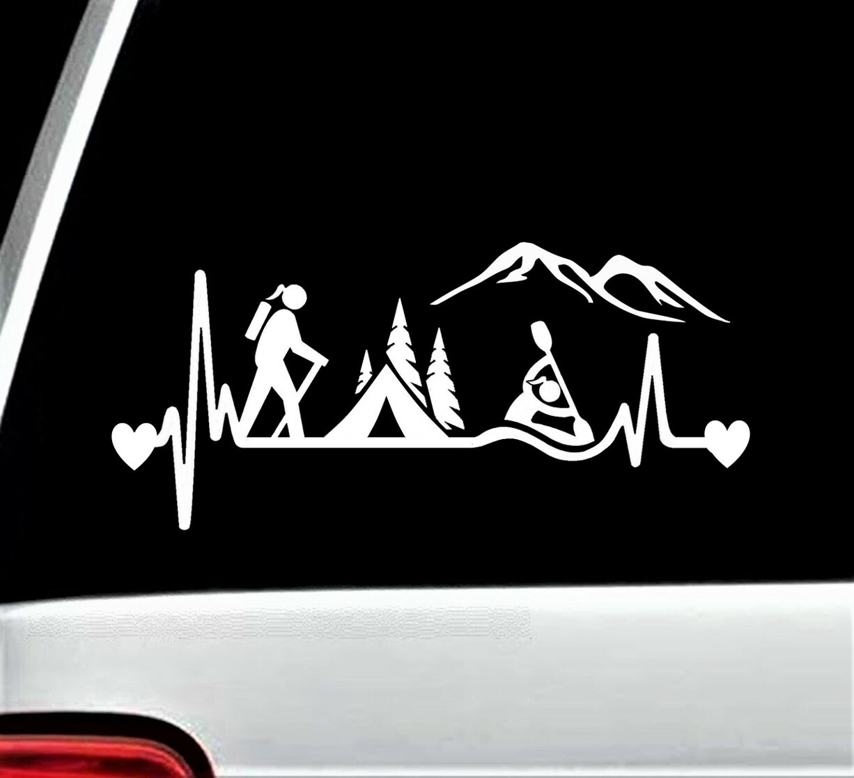Hiking Camping Girl Tent Kayak Heartbeat Decal Sticker for Car Window