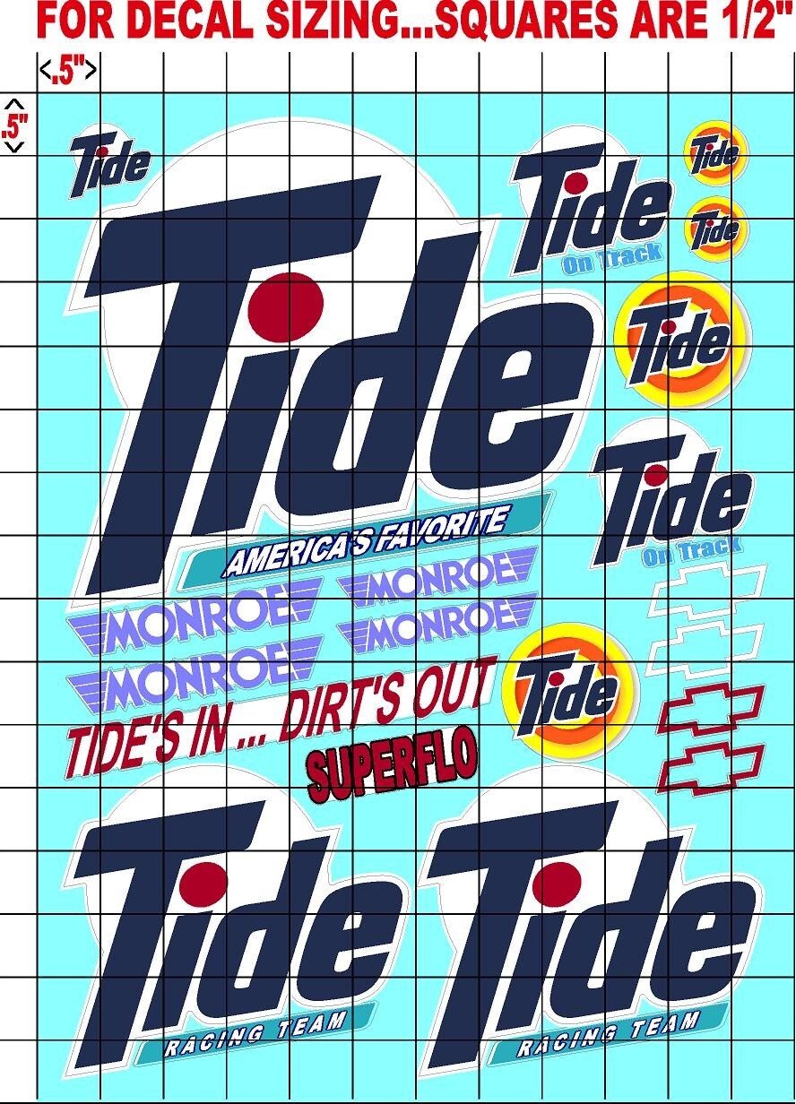 WHITE Vinyl Sticker Sheet Tide-R/C MODEL Decal fits 1/10-1/16 Scale superflorace