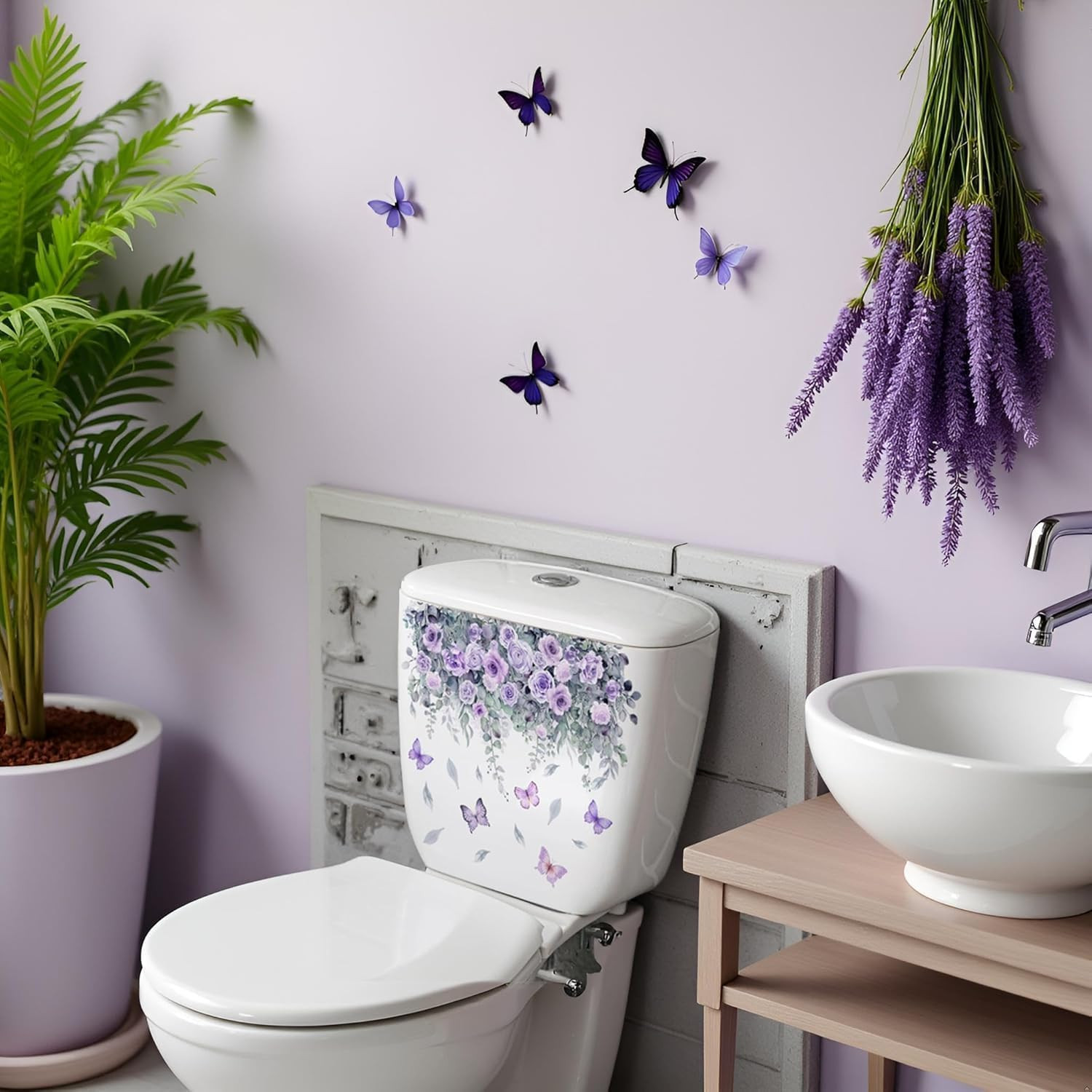 Botanical Bathroom Stickers with Purple Roses, Waterproof Removable Decals for T