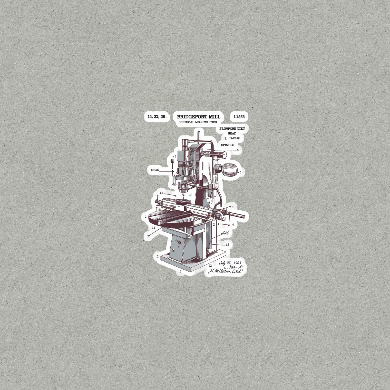 Vintage Bridgeport Milling Machine Vertical Mill Blueprint sticker Print Decor #