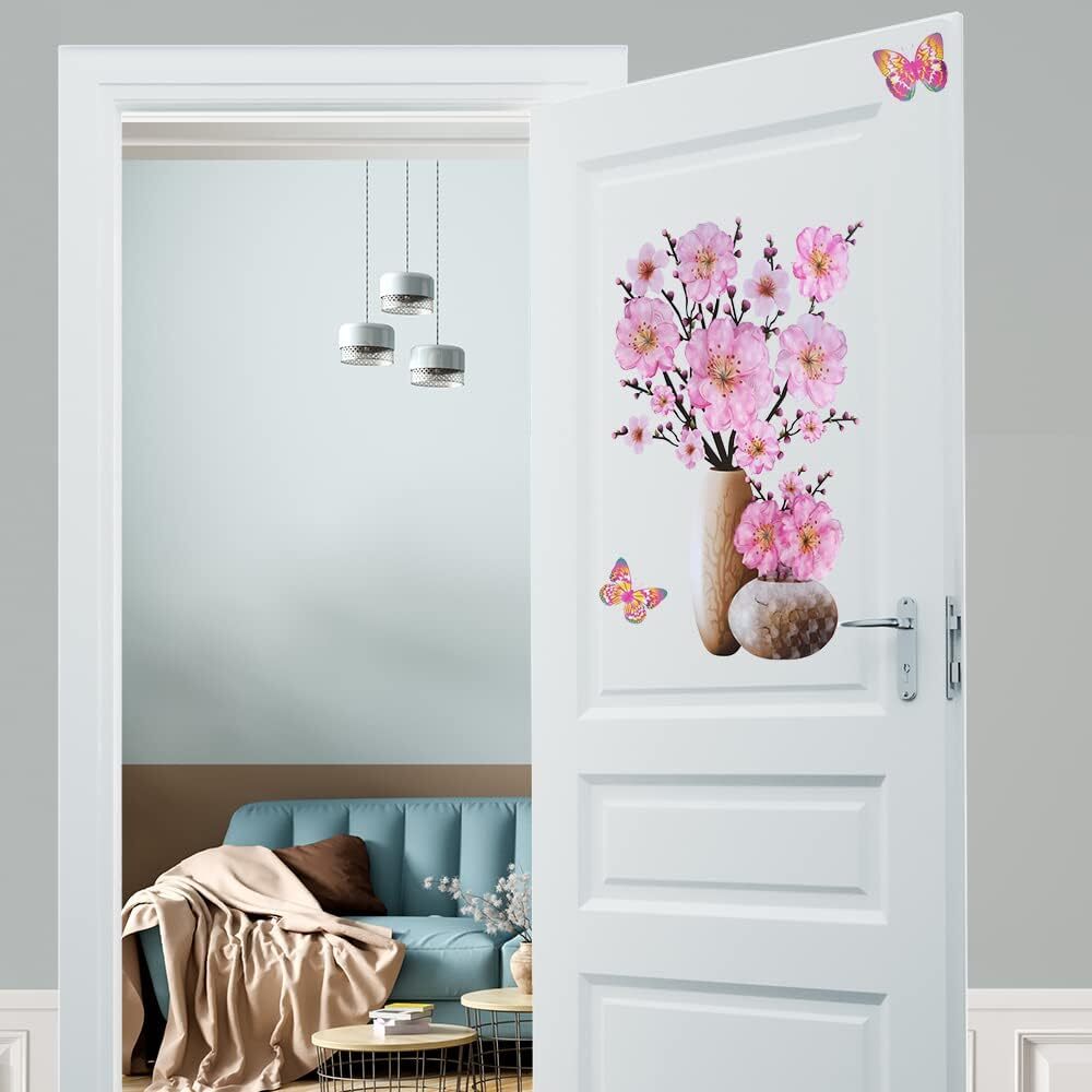 Supzone 3D Vase Wall Stickers Stereo Flower Decal Pink