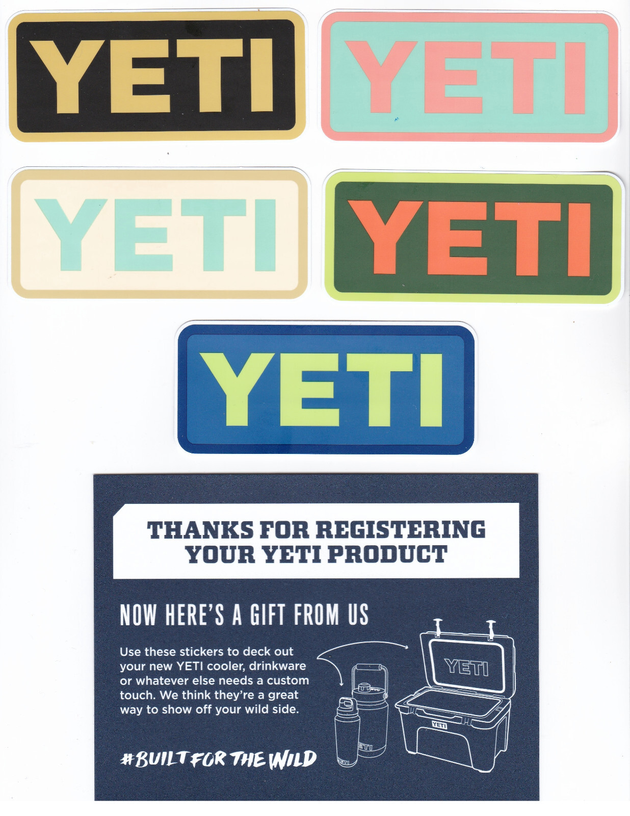 SET 5 Genuine YETI Decal / Stickers Brand New! Includes YETI envelope and Card!
