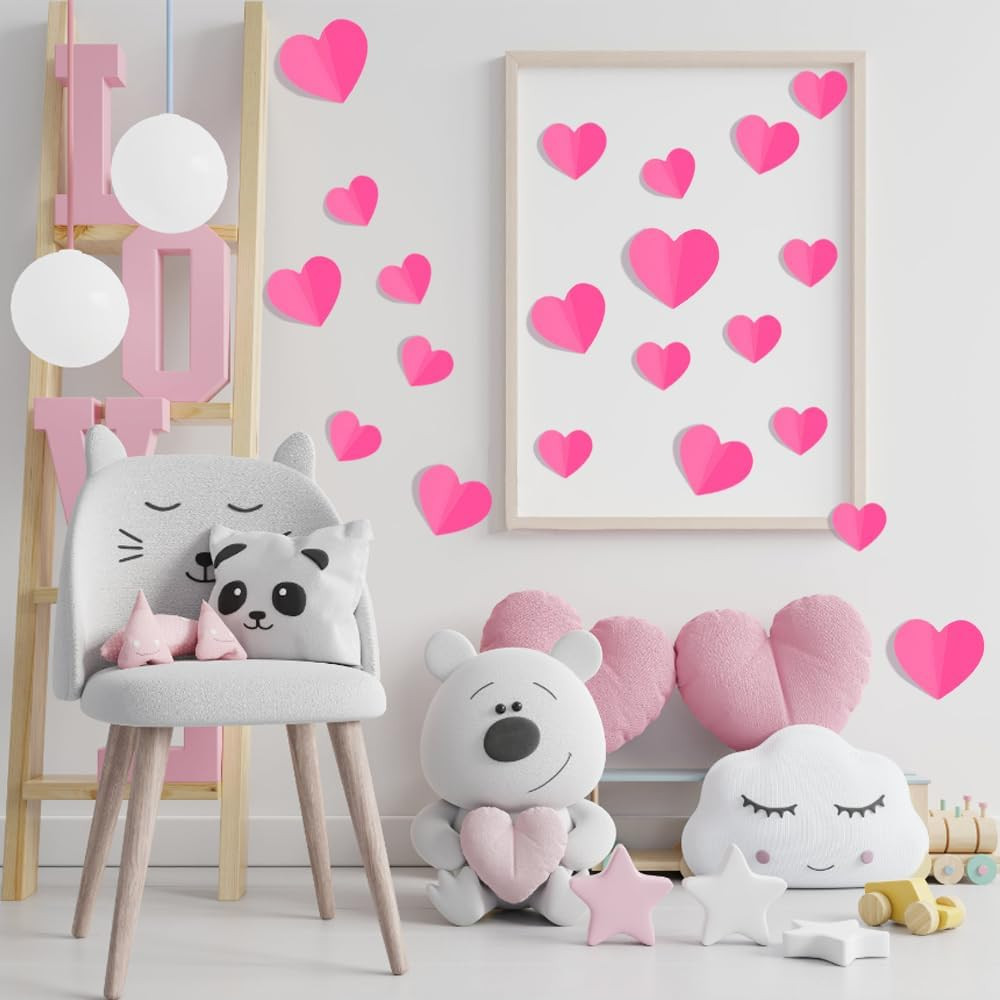 100 PCS 3D Pink Heart Valentine Day Wall Stickers,Waterproof Removable Love Hear