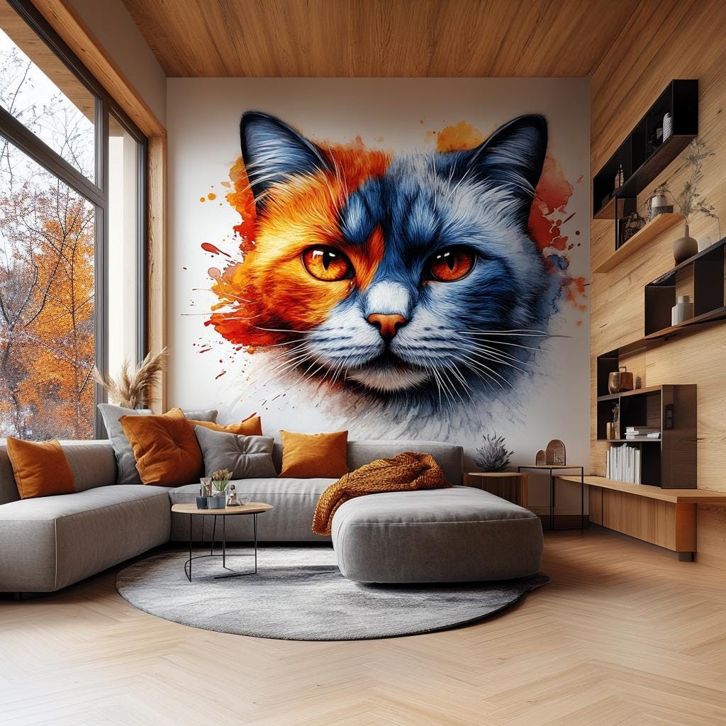 Cat Face Wall Decal | Two-Tone Watercolor Cat Sticker