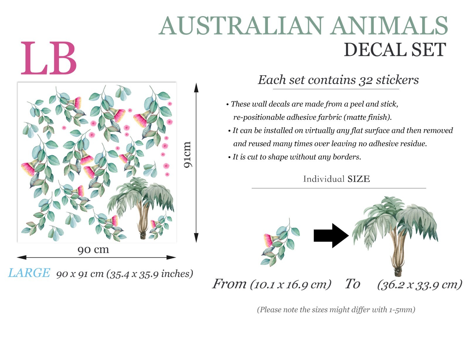 Australian Animals Kangaroo Koala Leaves Removable Wall Decal Peel and Stick