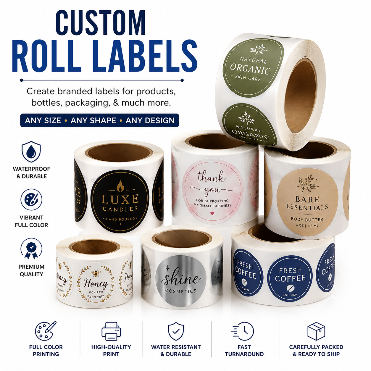 Custom Print Roll Labels Circle Stickers, Text Logo Packaging Labels, 100 Pieces