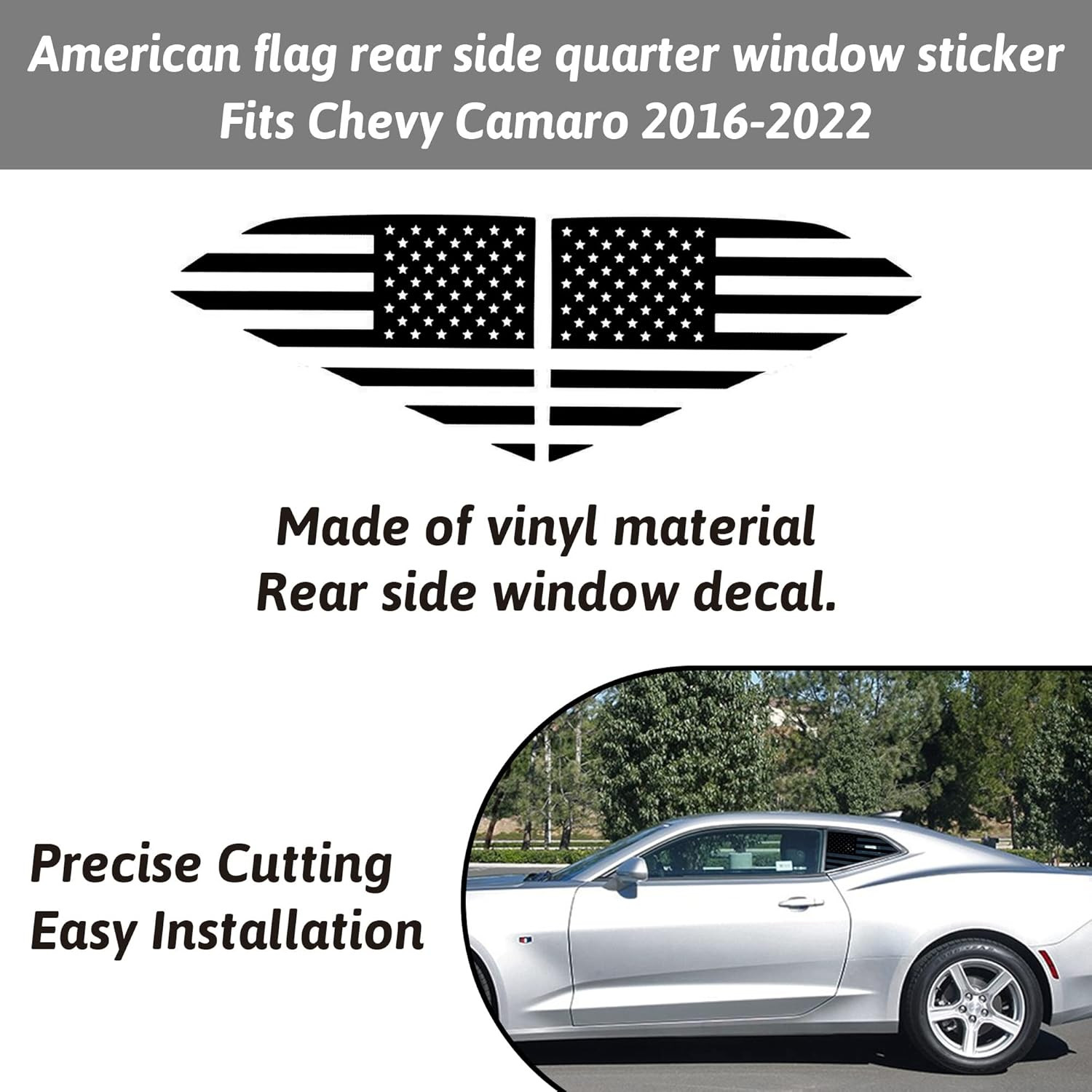 Rear Side Quarter Window Decal Fit for Chevy Camaro 2016-2022, Matte Black Ameri