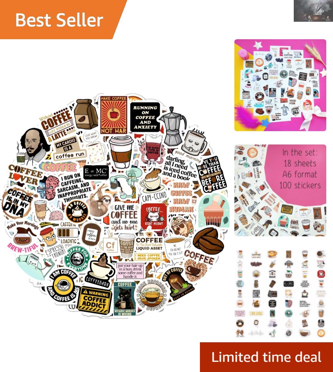 100Pcs Waterproof Funny Coffee Stickers – Ideal for Scrapbooking & Party Decor