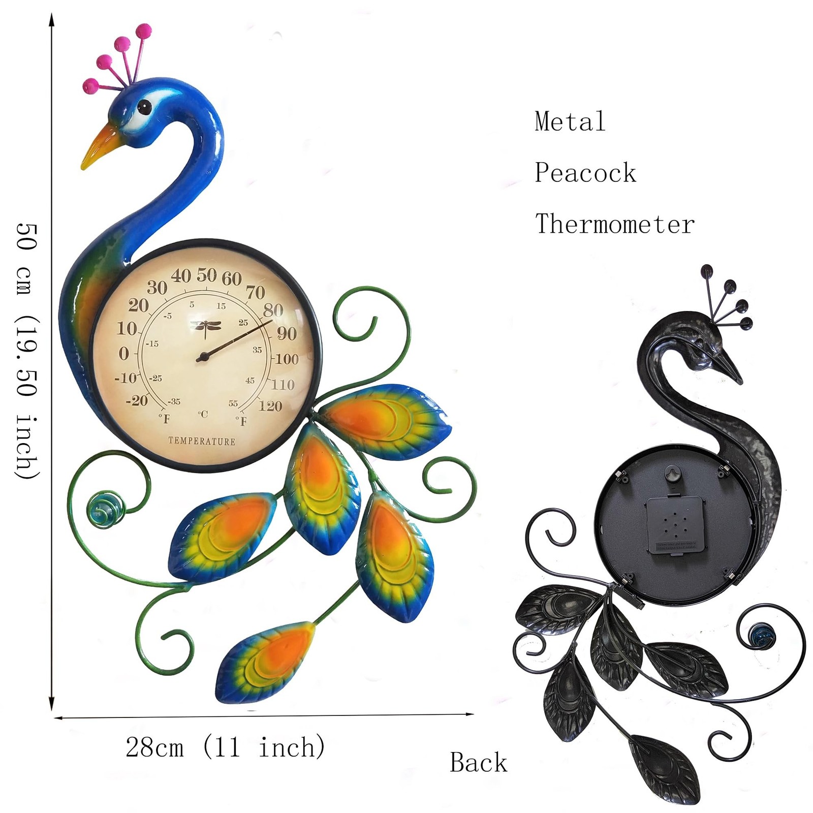 Metal Peacock Thermometer Indoor Outdoor Wall Art Decor Plaque Sculpture Hang…