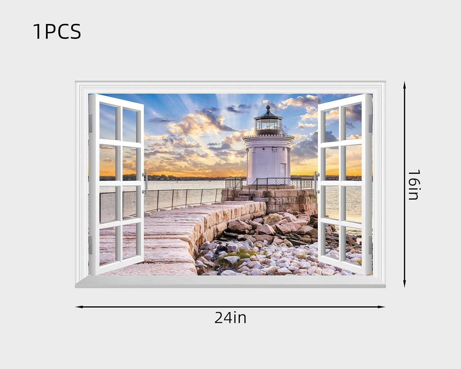 Fake Window Wall Sticker – Shoreline Lighthouse Faux Window Wall Mural for Wall