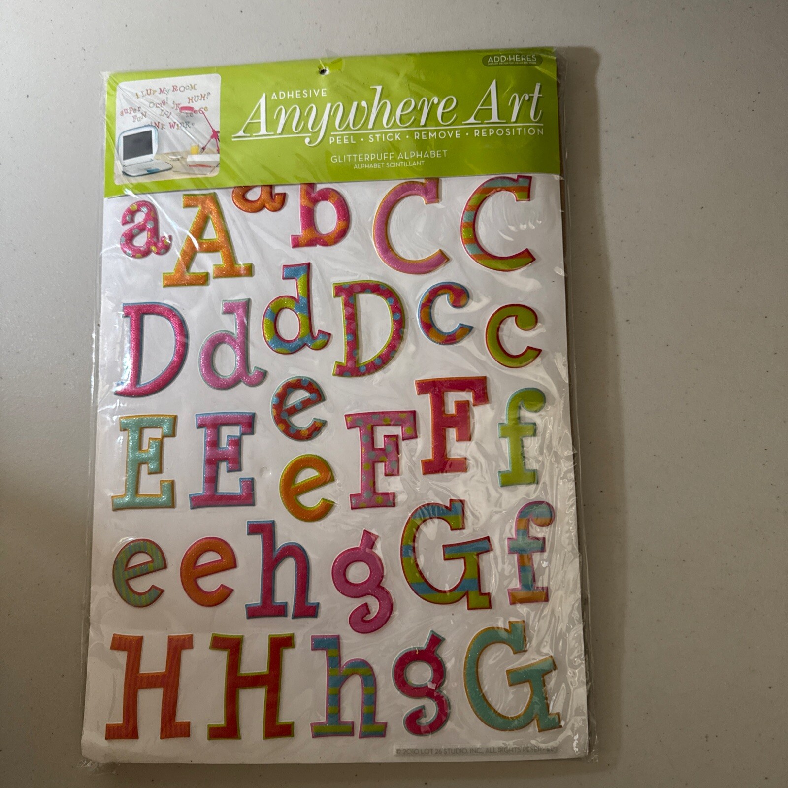 Anywhere Art Adhesive Glitter Puff Alphabet. Multicolor -3 Sheets Of Wall Decor