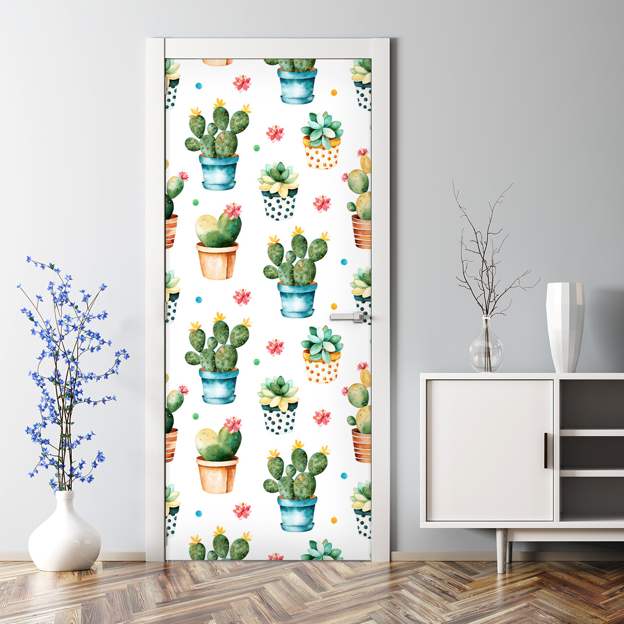 Bubble Free Door sticker Watercolour cactus Succulent plants Colourful painted
