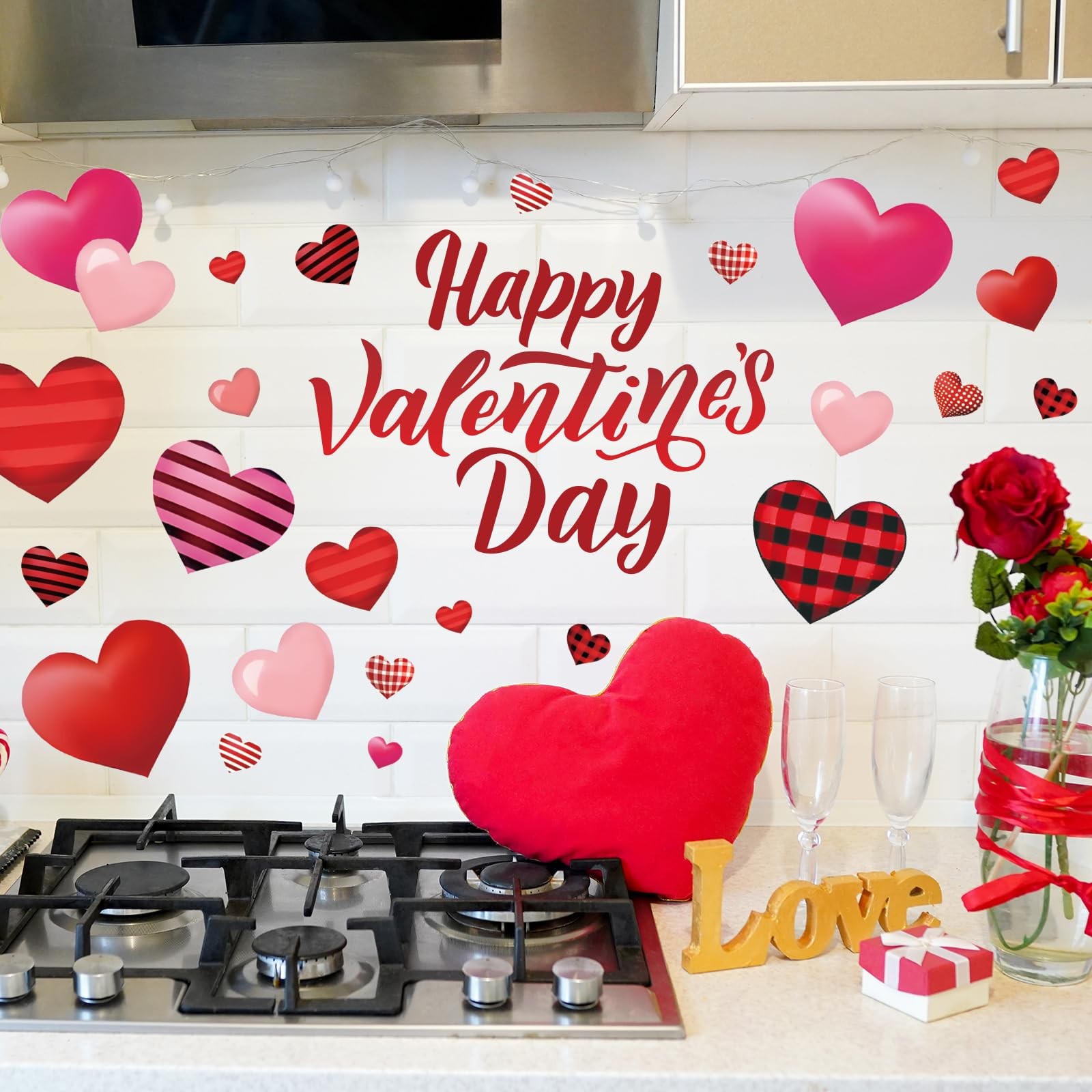 9 Sheets Happy Valentine's Day Wall Stickers Red Black Heart Large Room