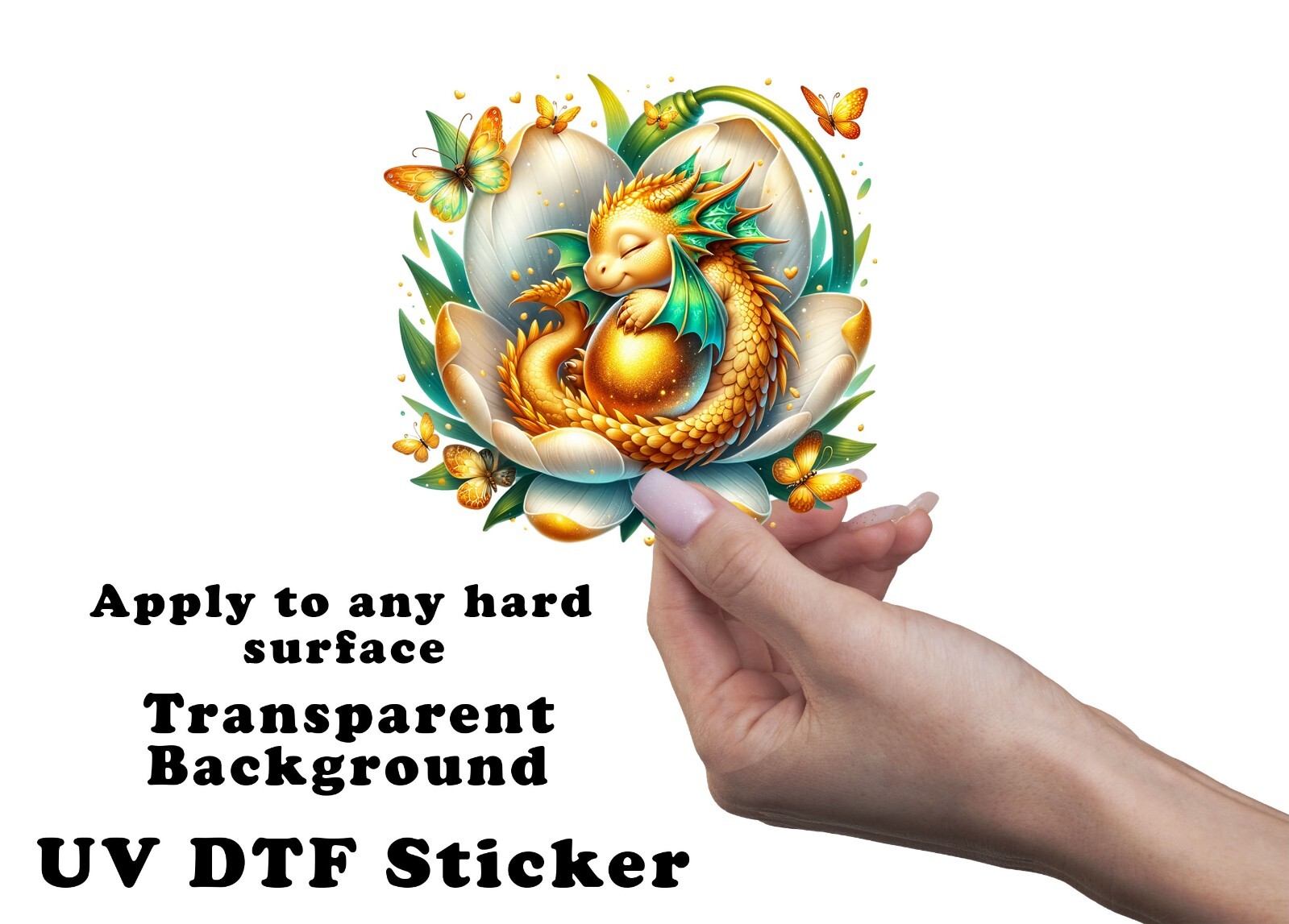 Gold Dragon Sleeping on White Flower UV DTF Transparent Sticker / Decal