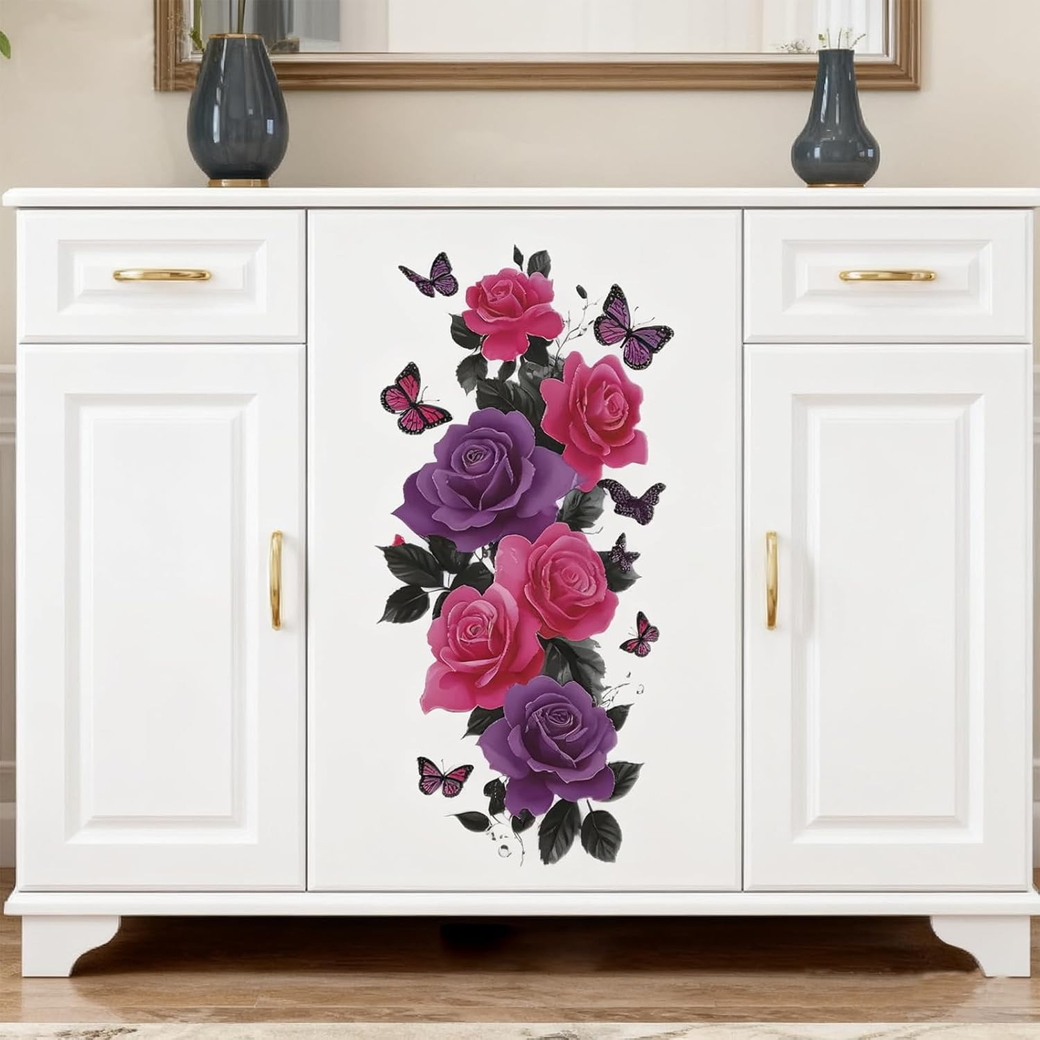 Flower Wall Stickers, Blue Peony & Purple Roses Mural for Room Decor