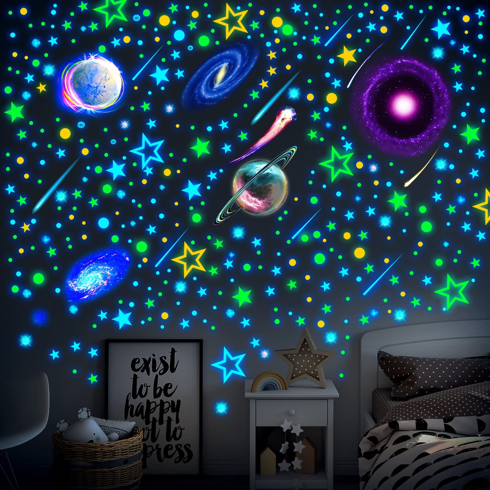 495 Pcs Glow in The Dark Moons and Stars Wall Decals for Ceiling,Glowing Planets