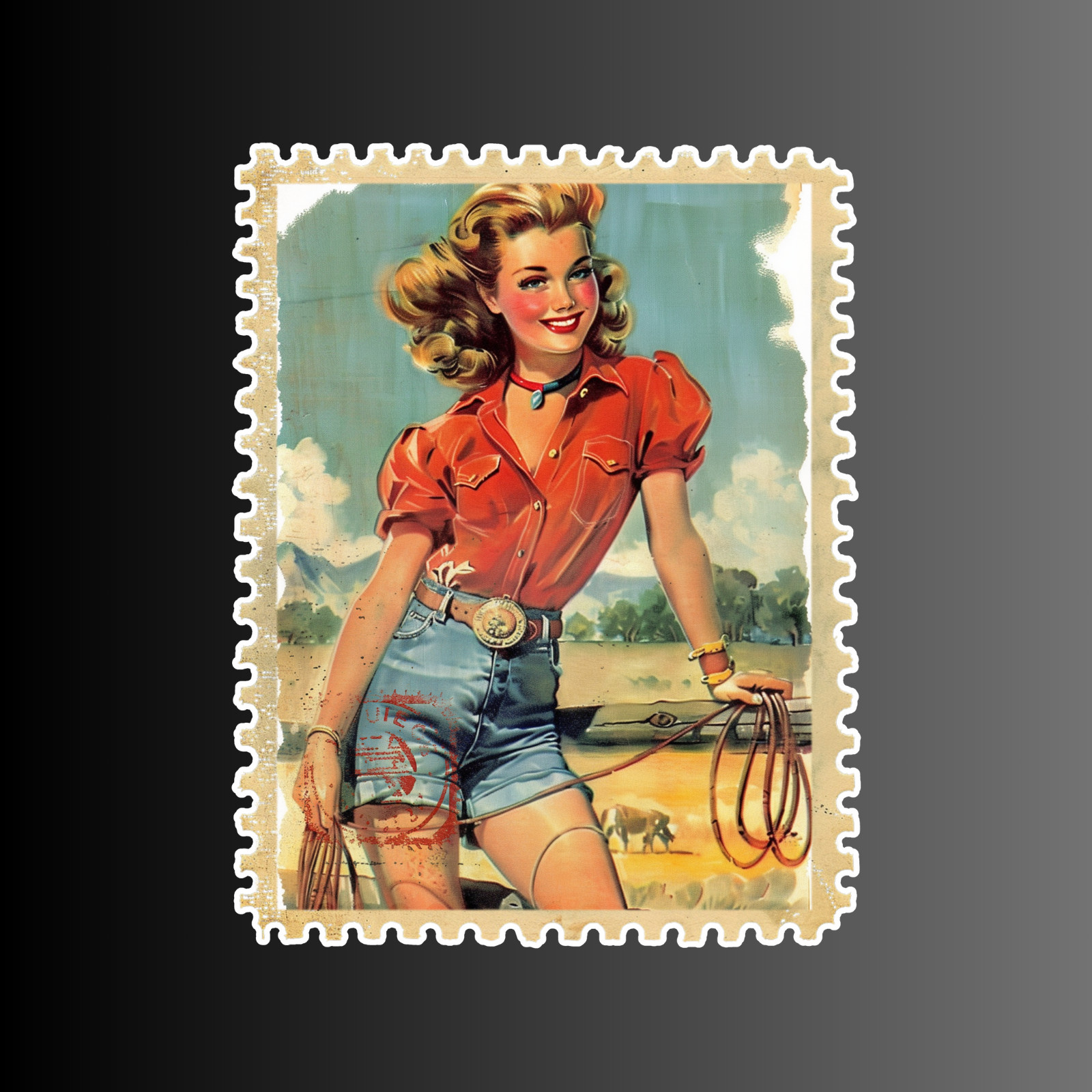 Pinup girl sticker vinyl decal vintage woman cowgirl western postage stamp