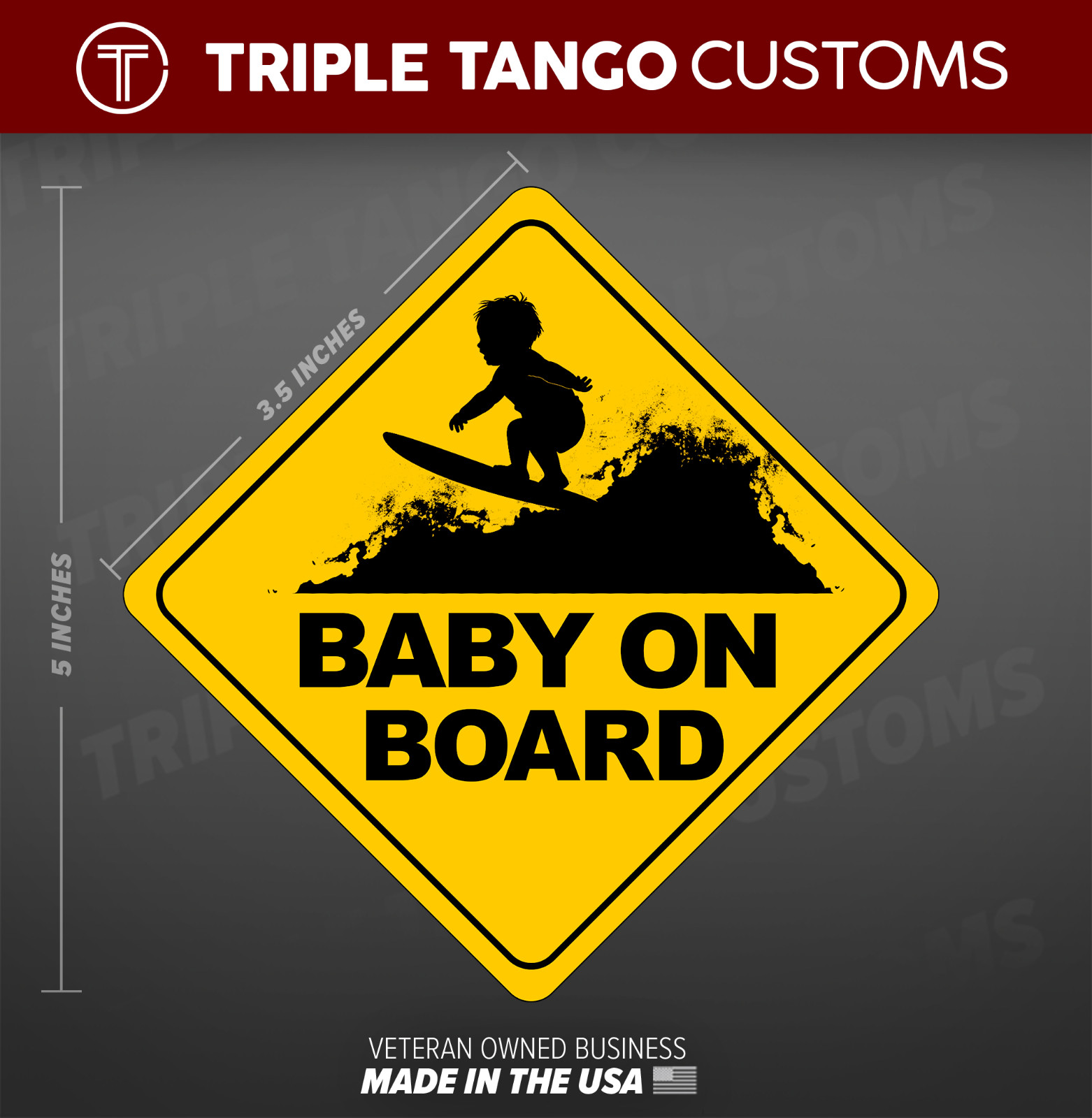 Funny Bumper Sticker BABY ON SURFBOARD Vinyl Decal MADE IN USA 3.5" inches