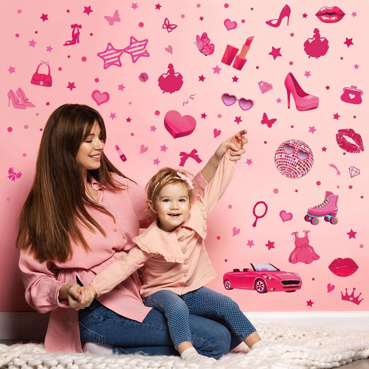 116 Pcs Hot Pink Girl Wall Stickers, Doll Lip Heart Room Decor for Girls Bedroo