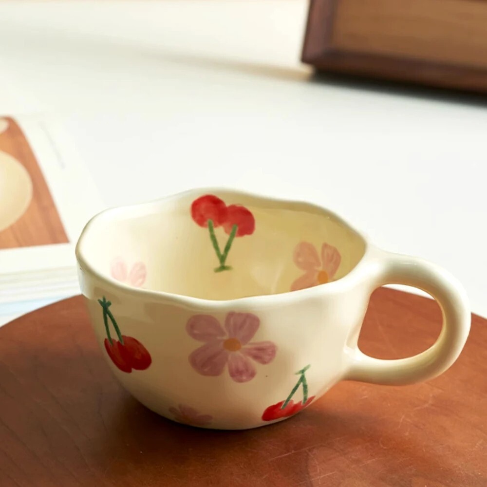Handcrafted Ceramic Mug – Irregular Flower Coffee Cup, Korean Style for Tea