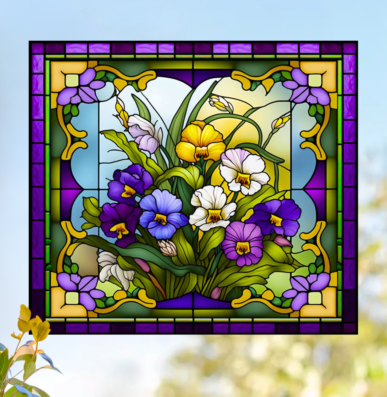 Pansies Faux Stained-Glass WINDOW CLING Size 9" Vinyl