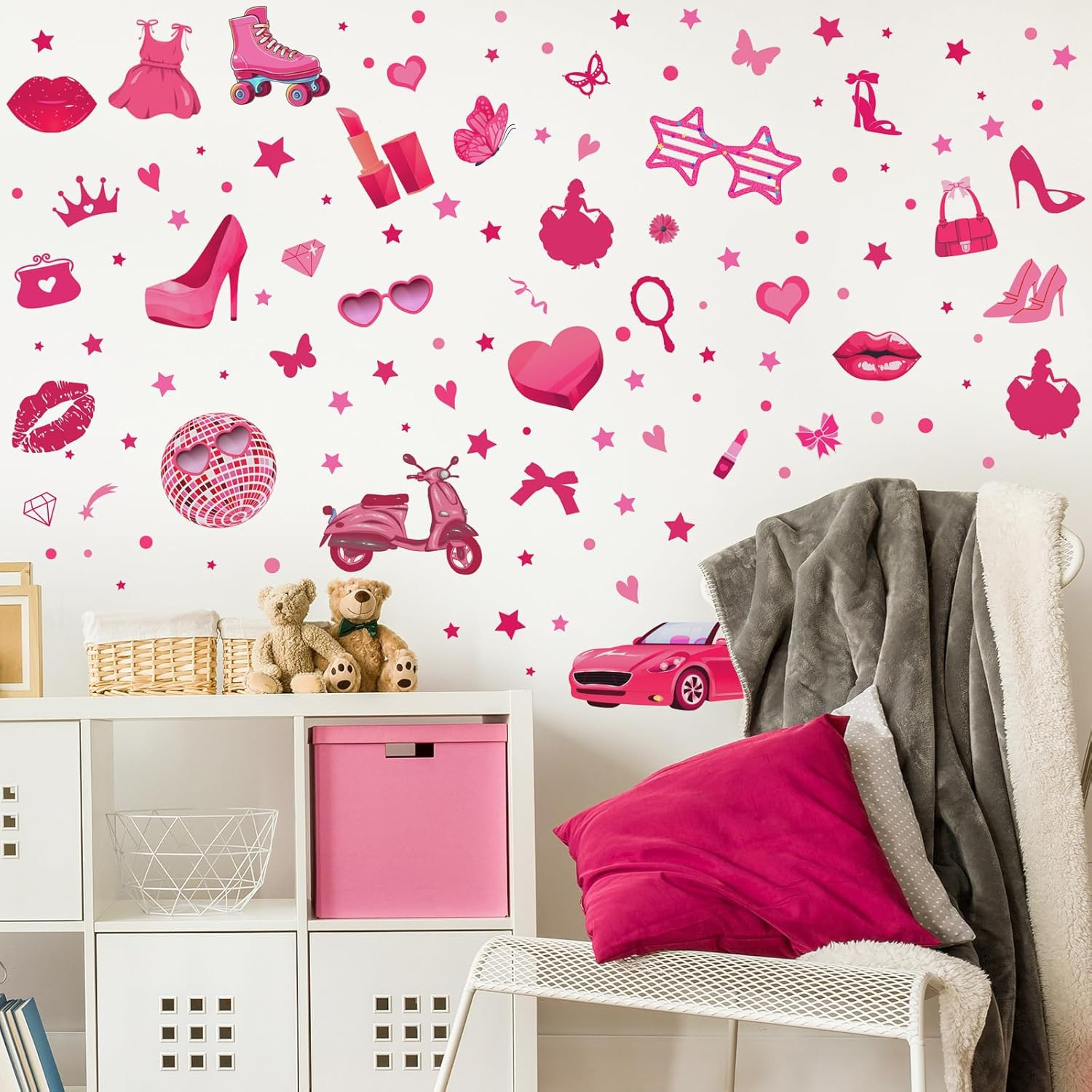 116 Pcs Hot Pink Girl Wall Stickers, Doll Lip Heart Room Decor for Girls Bedroo