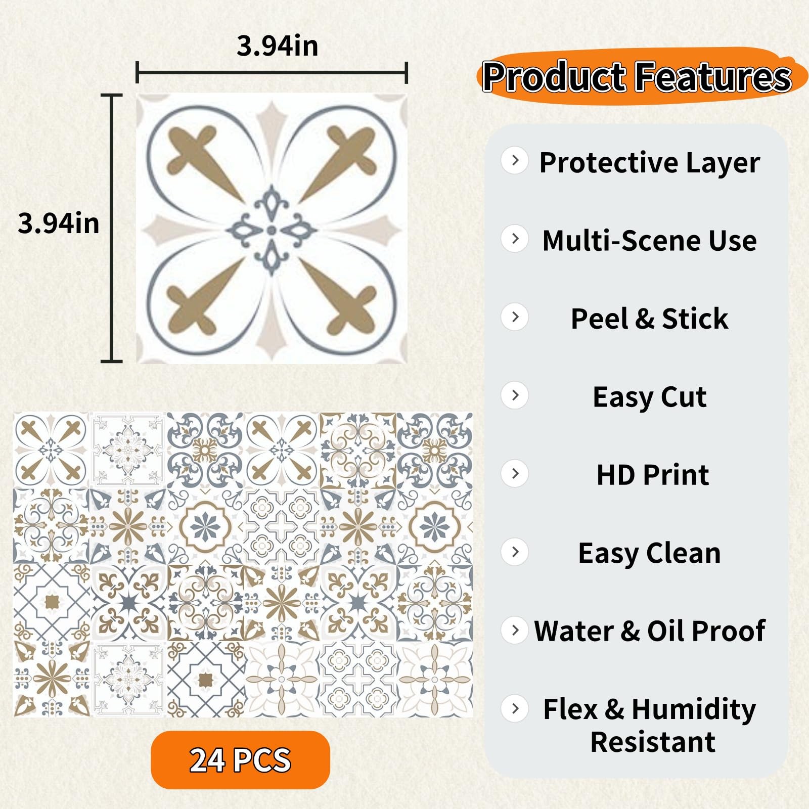 PVC Peel and Stick Tile Stickers 24Pcs Waterproof Removable Backsplash Wall D…