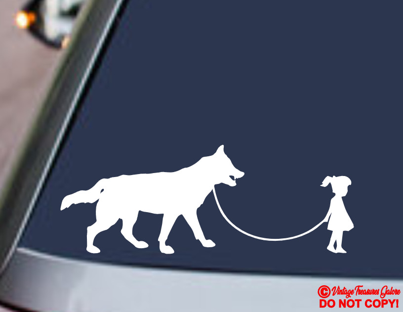 GIRL WALKING A WOLF Vinyl Decal Sticker Car Window Wall Bumper Funny Pet Dog