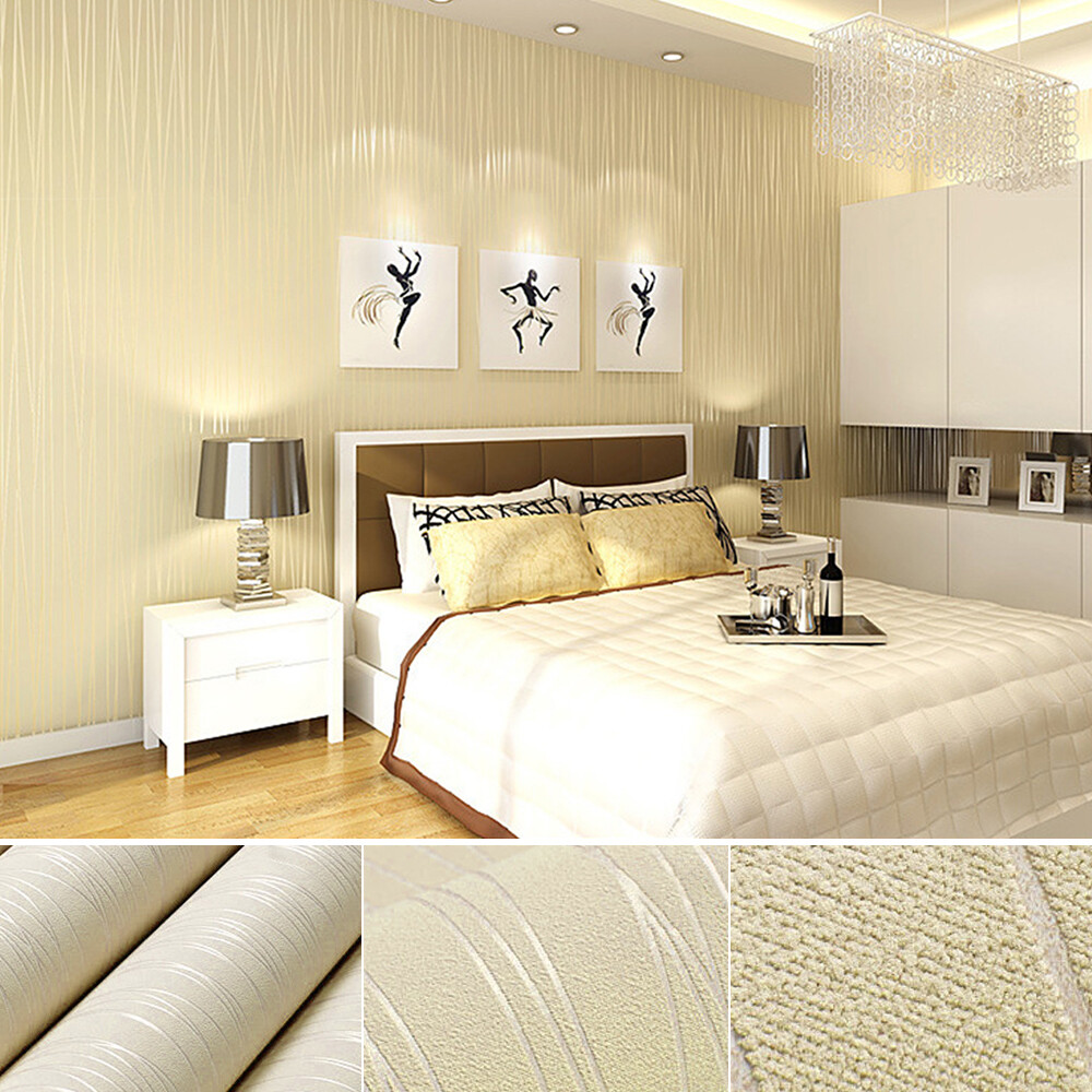 10M 3D Textured Wallpaper Roll Non-Woven Plain Stripe Wall Sticker for Bedroom