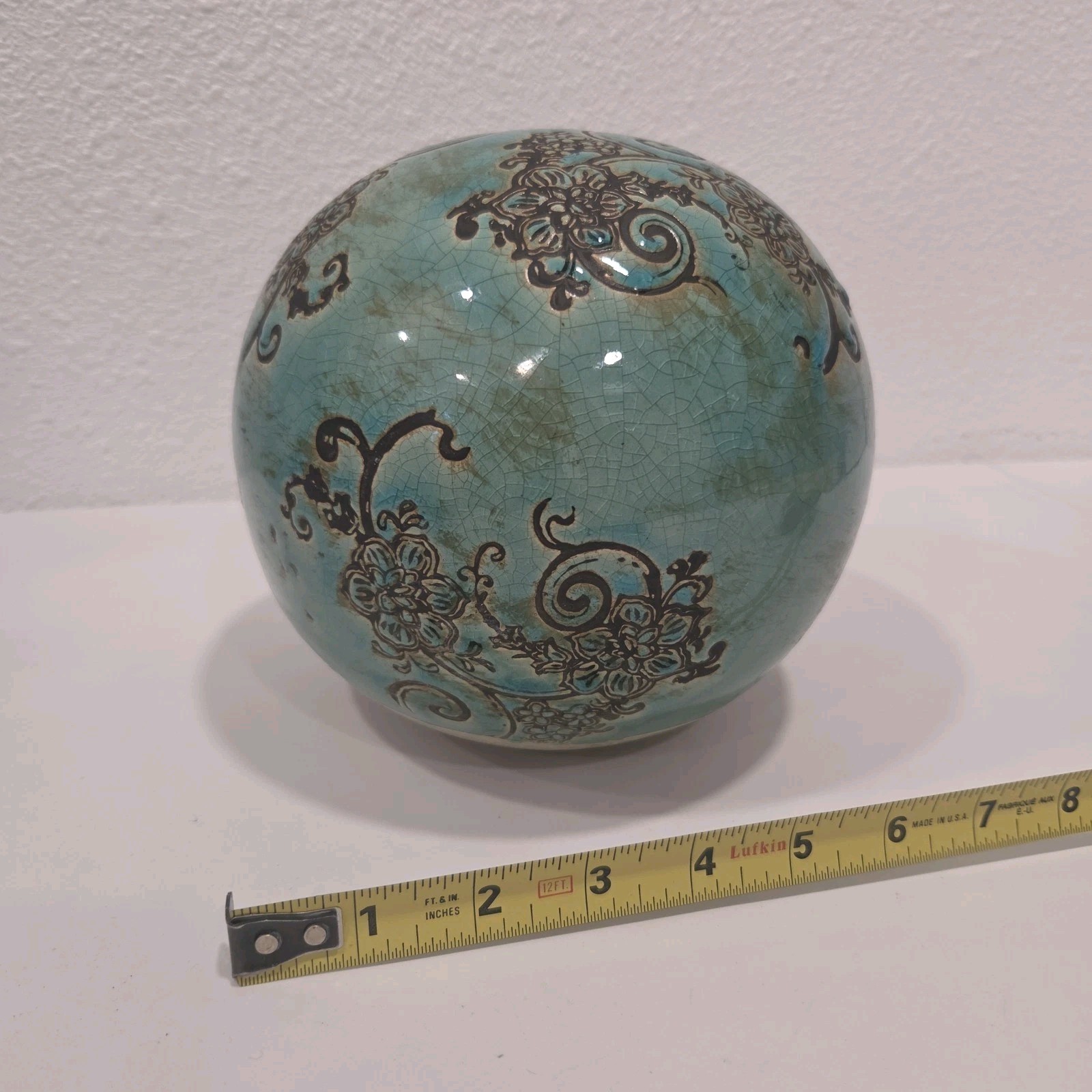 Vintage Turquoise Crackle Glaze Ceramic Decorative Orb Sphere 7” Floral Scroll